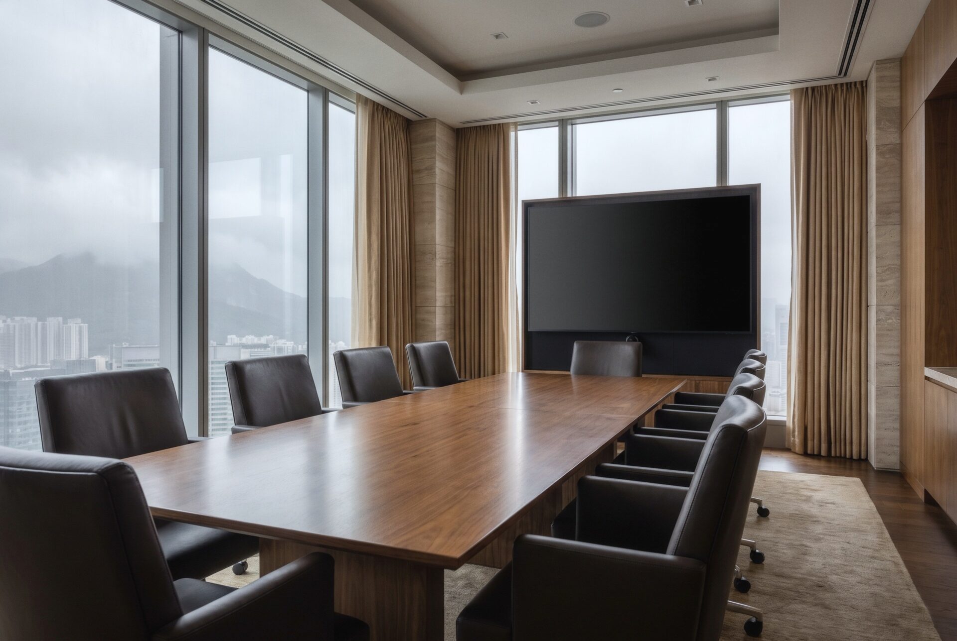 An executive boardroom with a long oak table, black leather chairs, and a window over the city and mountains.