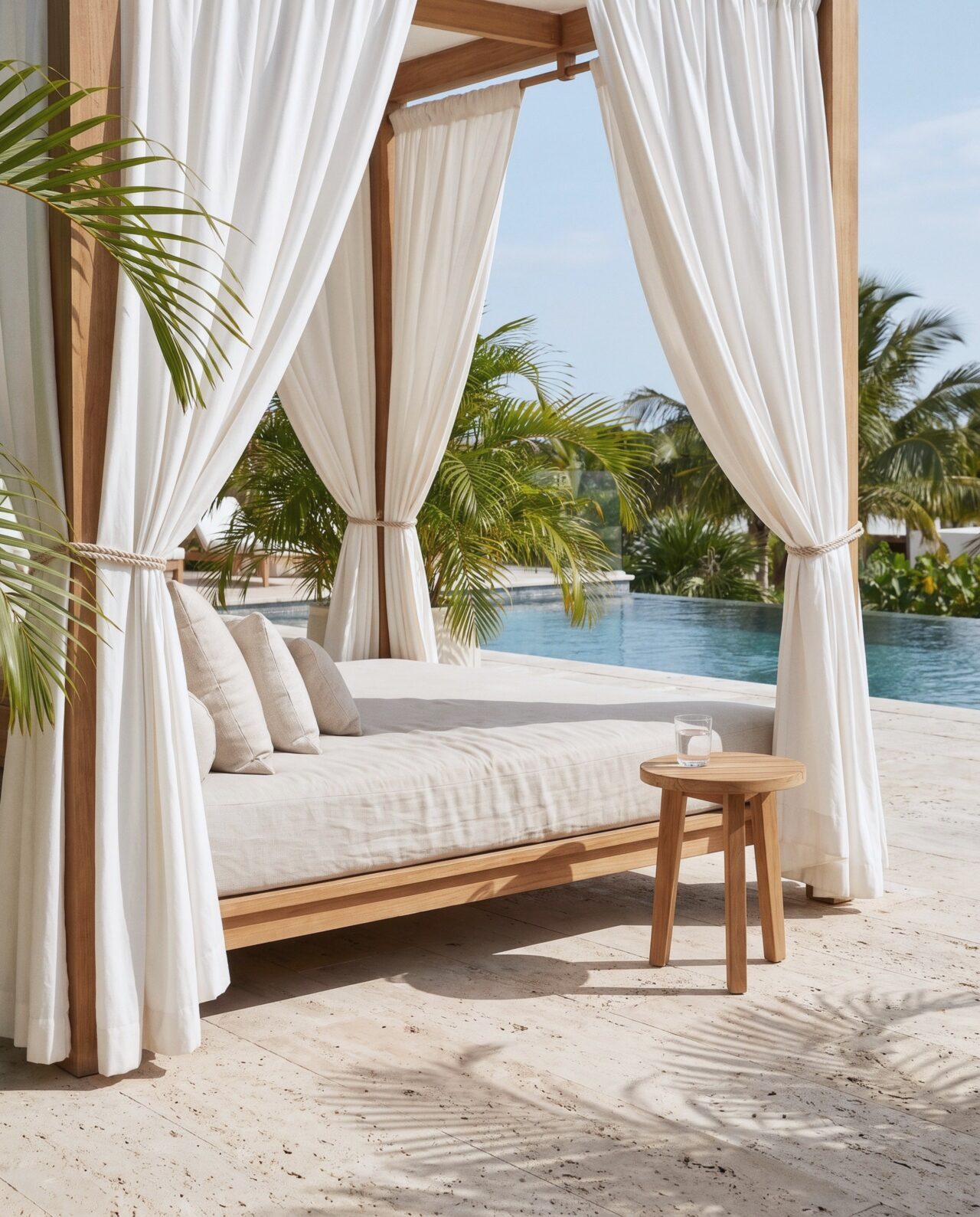 A poolside cabana with white canvas curtains tied back and a daybed in bright midday sun.