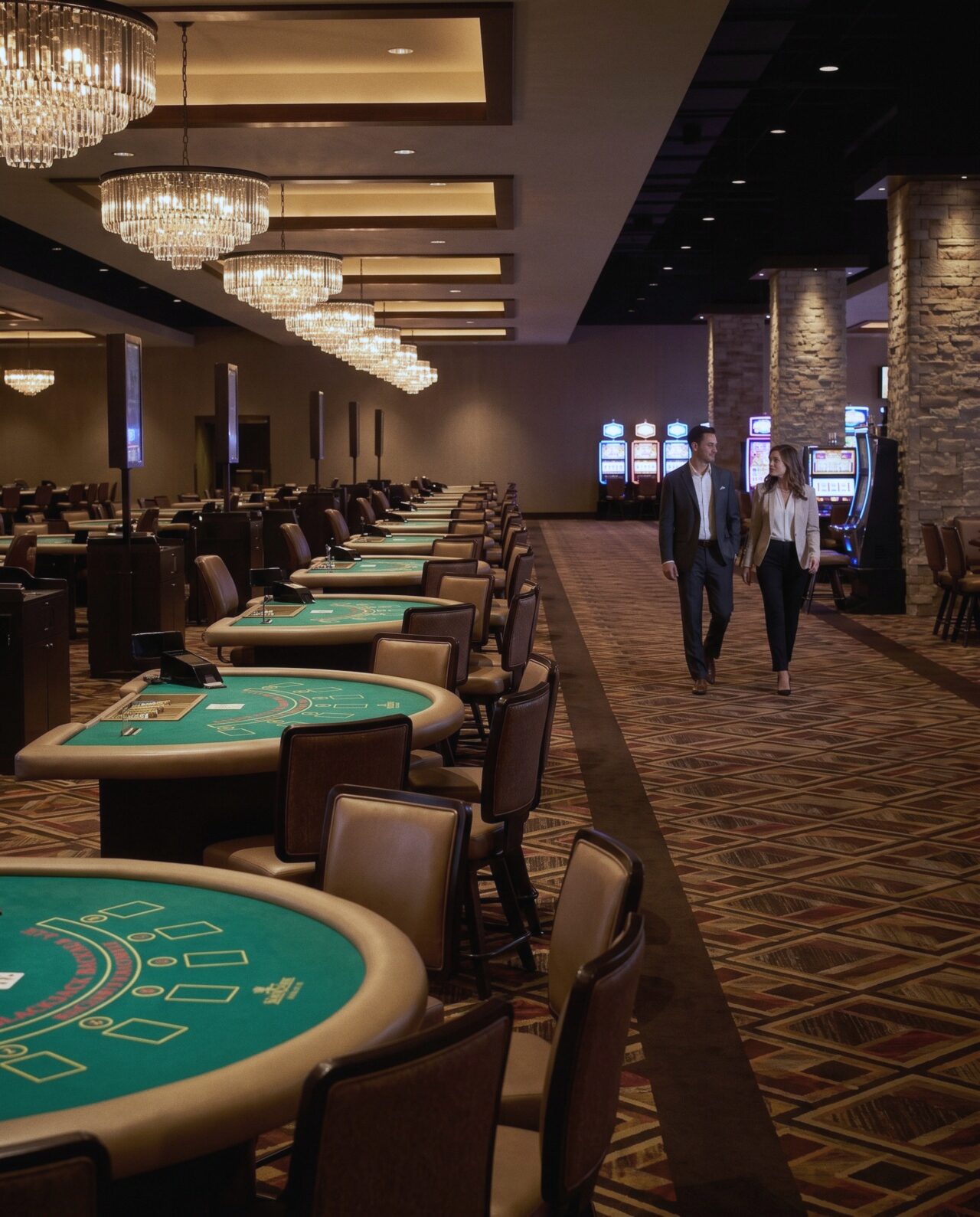 The casino floor with green felt card tables under low chandeliers and two guests walking down the aisle.