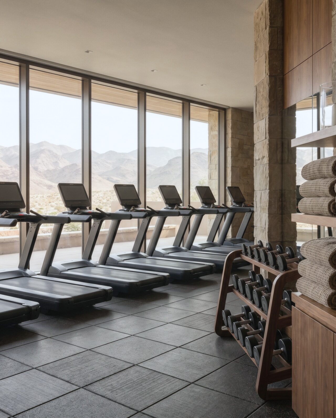 The fitness center with a row of treadmills facing a desert mountain view.