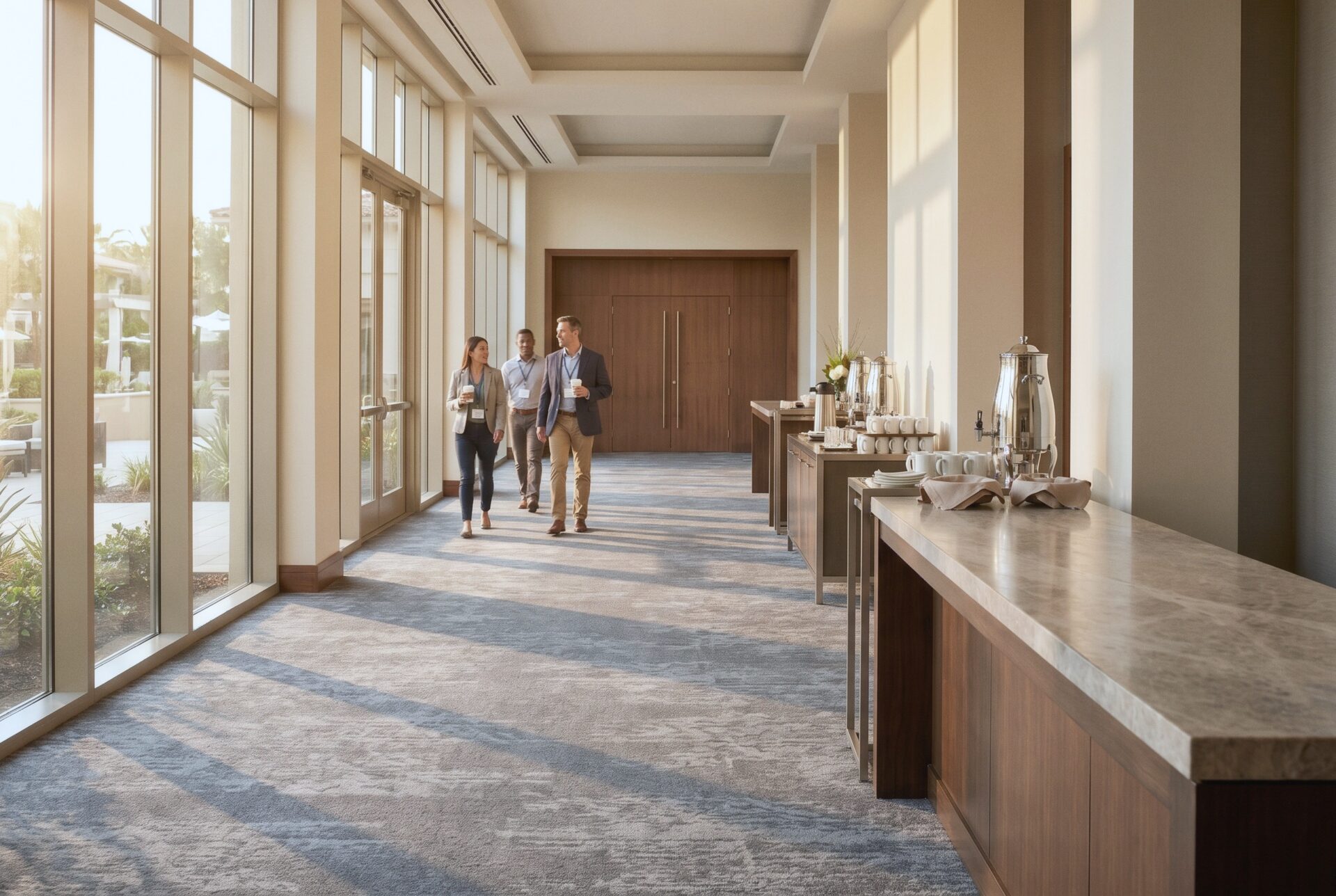 The pre-function corridor outside the ballrooms in late afternoon, with attendees walking toward the ballroom with coffee, a coffee station, and long shadows from the window wall.