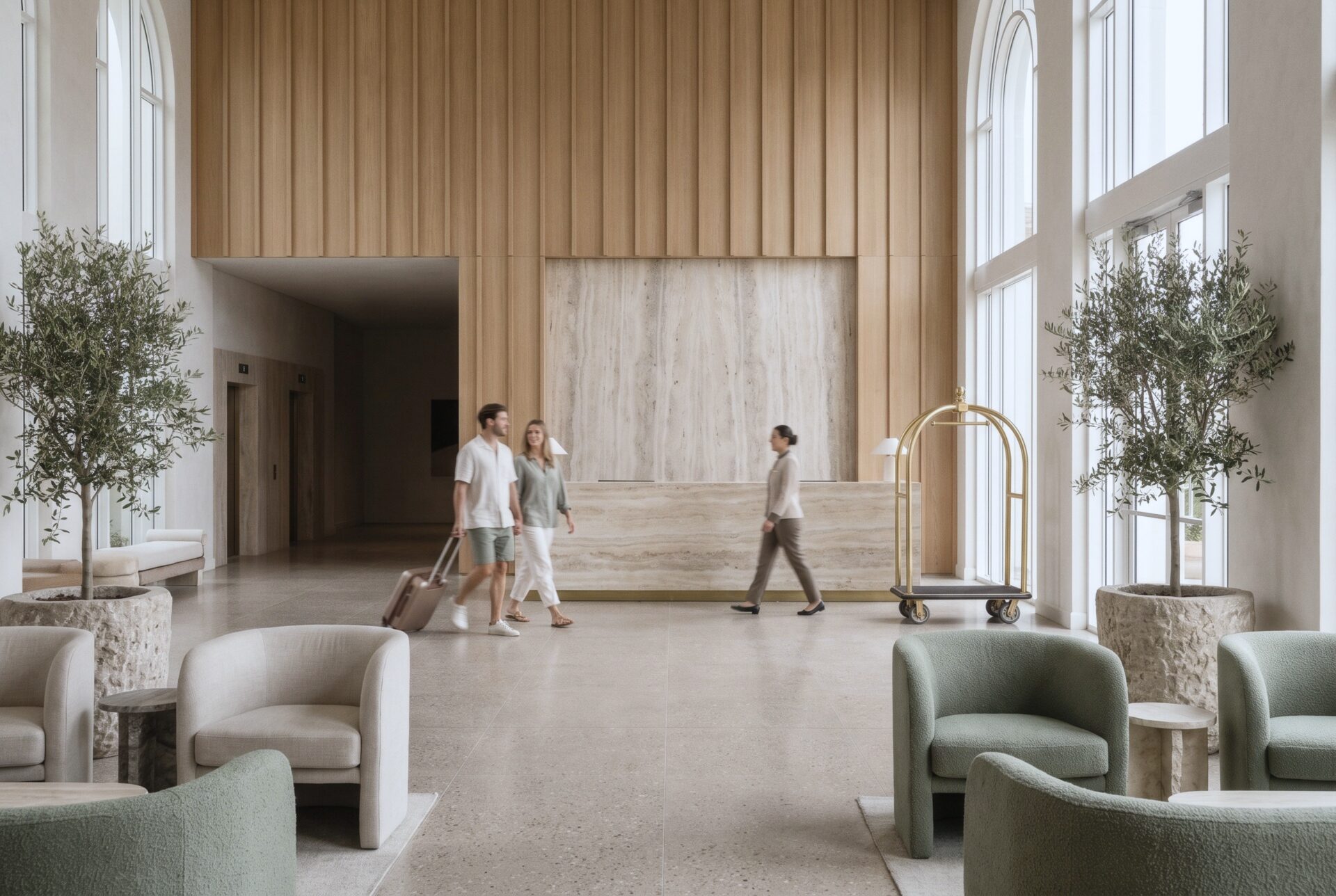 The double-height Kona lobby with guests walking past a long stone reception desk, a tall oak wall, and green lounge chairs among potted olive trees.