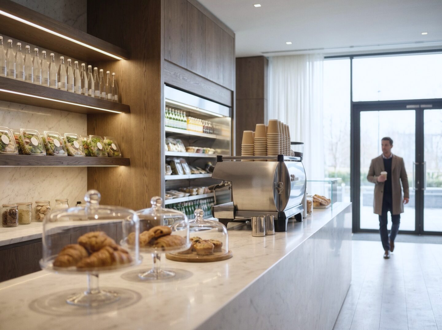 Tidewater Market's marble counter with fresh pastries under glass, an espresso machine, and a guest walking in with a coffee.