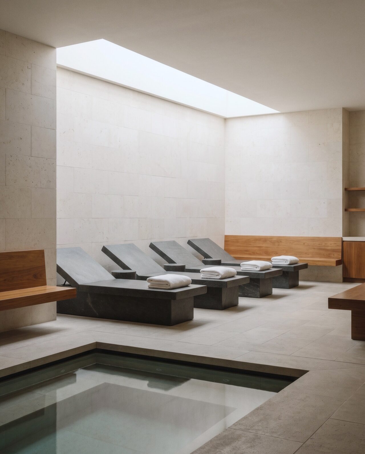 The spa relaxation room with heated stone loungers beside a plunge pool under a skylight.