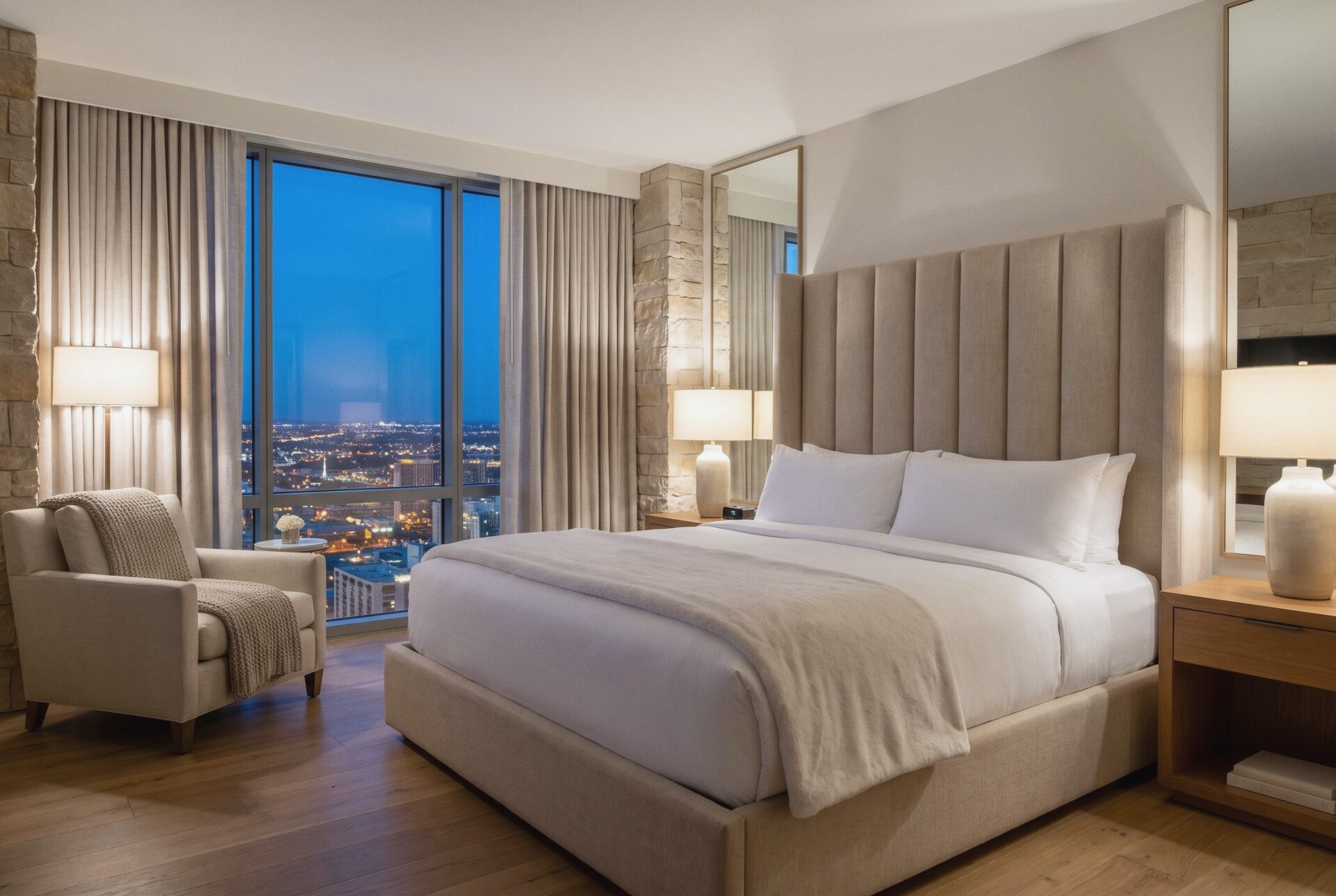 A Tower Suite bedroom at blue hour, with a tall fabric headboard and city lights coming on outside.