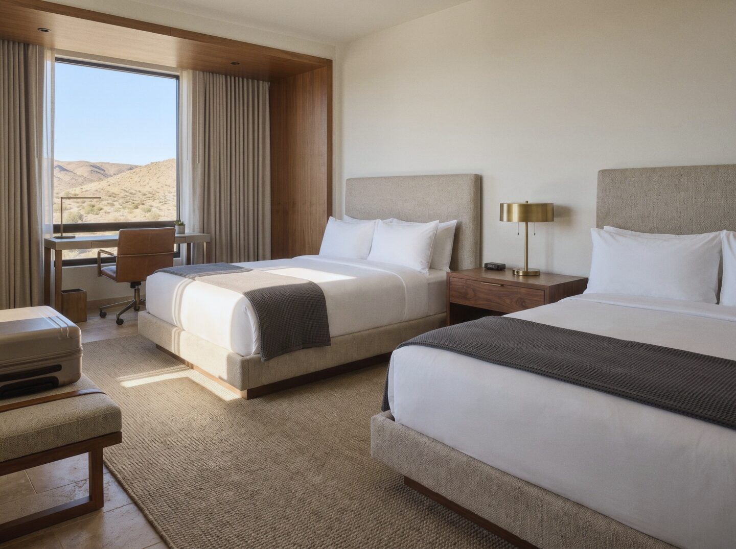 A Resort Two Queen room with two white queen beds with charcoal throws and a desk by a window over distant desert hills.