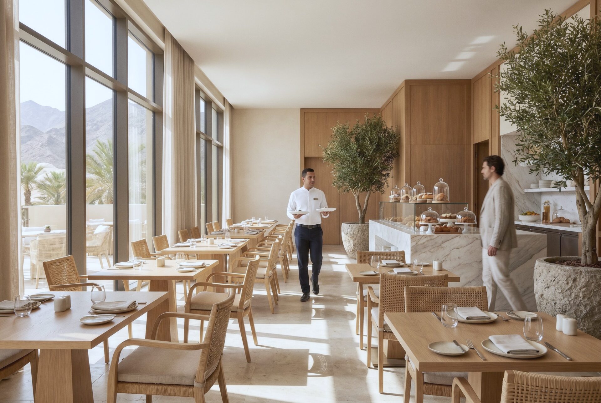 Verbena at lunchtime, with a server carrying plates past oak tables, a marble pastry counter, and desert mountains through tall windows.